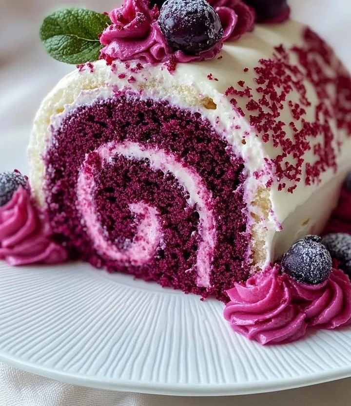 A stunning purple velvet cake roll with cream cheese filling, beautifully decorated.