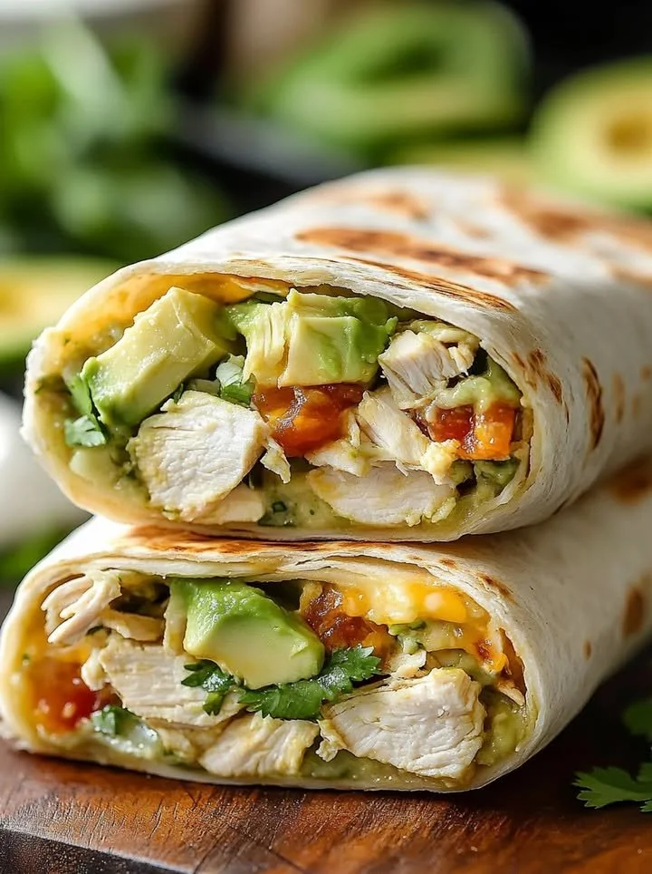 Delicious chicken burritos ready to serve with fresh ingredients