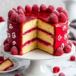 Slice of Raspberry Almond Cake with fresh raspberries on top