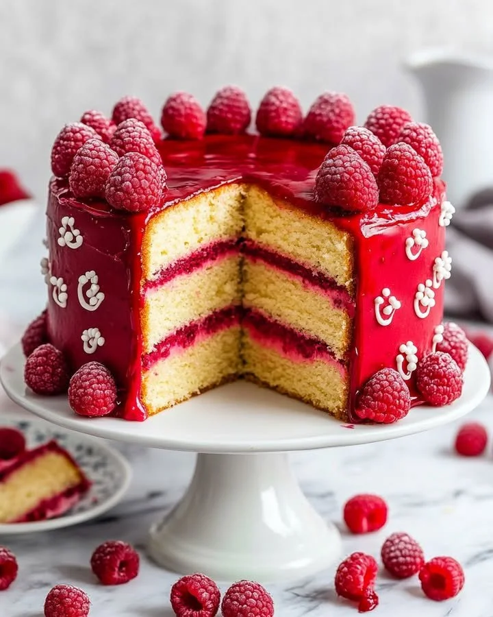 Slice of Raspberry Almond Cake with fresh raspberries on top