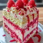 Raspberry Champagne Cake with champagne drip and fresh raspberries on top