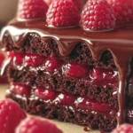 Delicious Raspberry Chocolate Ganache Cake topped with fresh raspberries