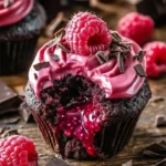 Delicious Raspberry Chocolate Lava Cupcakes with molten chocolate filling and fresh raspberries.