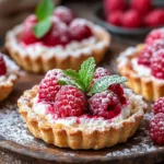 Delicious raspberry goat cheese tarts garnished with fresh raspberries