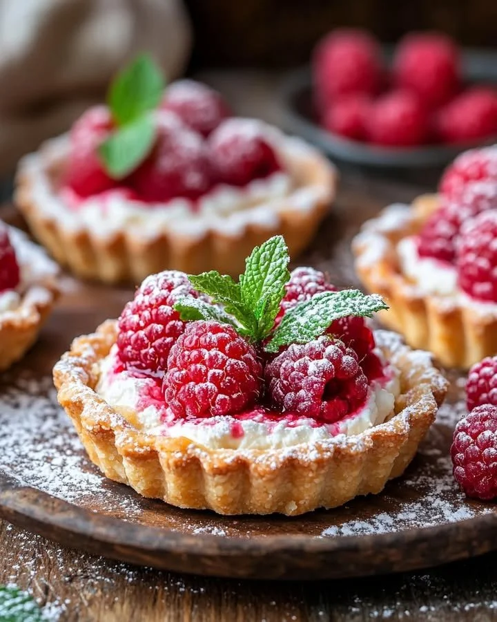 Delicious raspberry goat cheese tarts garnished with fresh raspberries