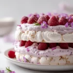 Raspberry-Lavender Cloud Dacquoise dessert showcasing fluffy meringue layers.