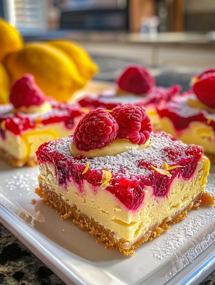 Delicious Raspberry Lemon Cheesecake Bars topped with fresh raspberries