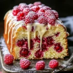 Slice of Raspberry Sauce Pound Cake with white chocolate topping on a plate