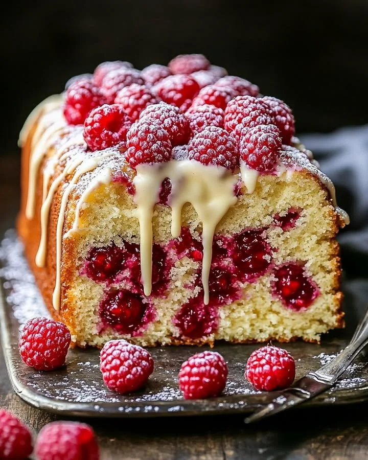 Slice of Raspberry Sauce Pound Cake with white chocolate topping on a plate