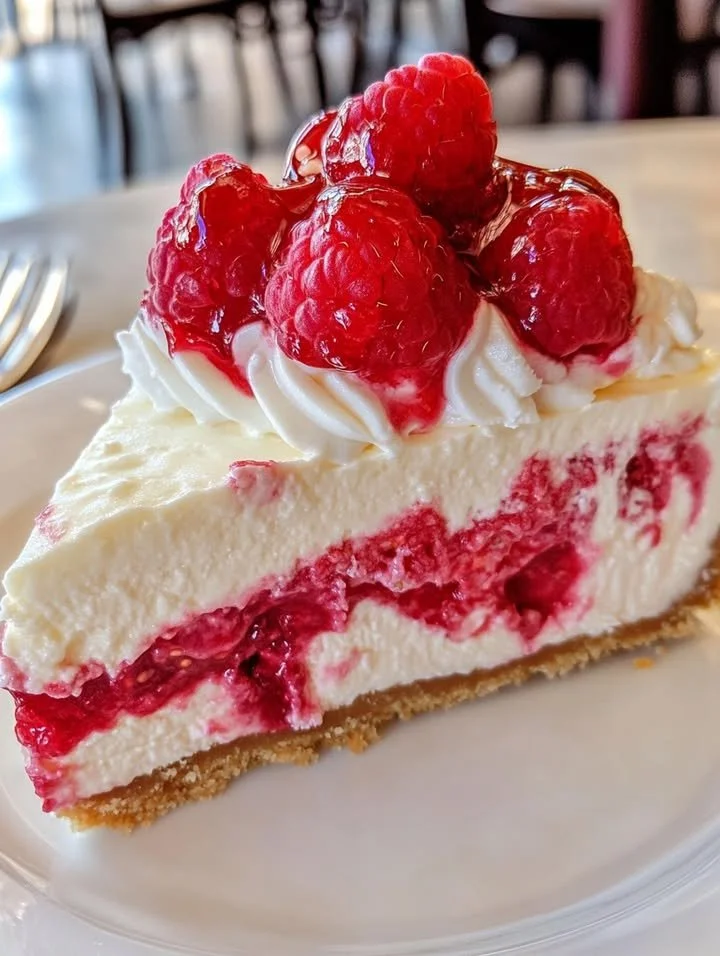 Delicious Raspberry White Chocolate Cheesecake with fresh raspberries on top.