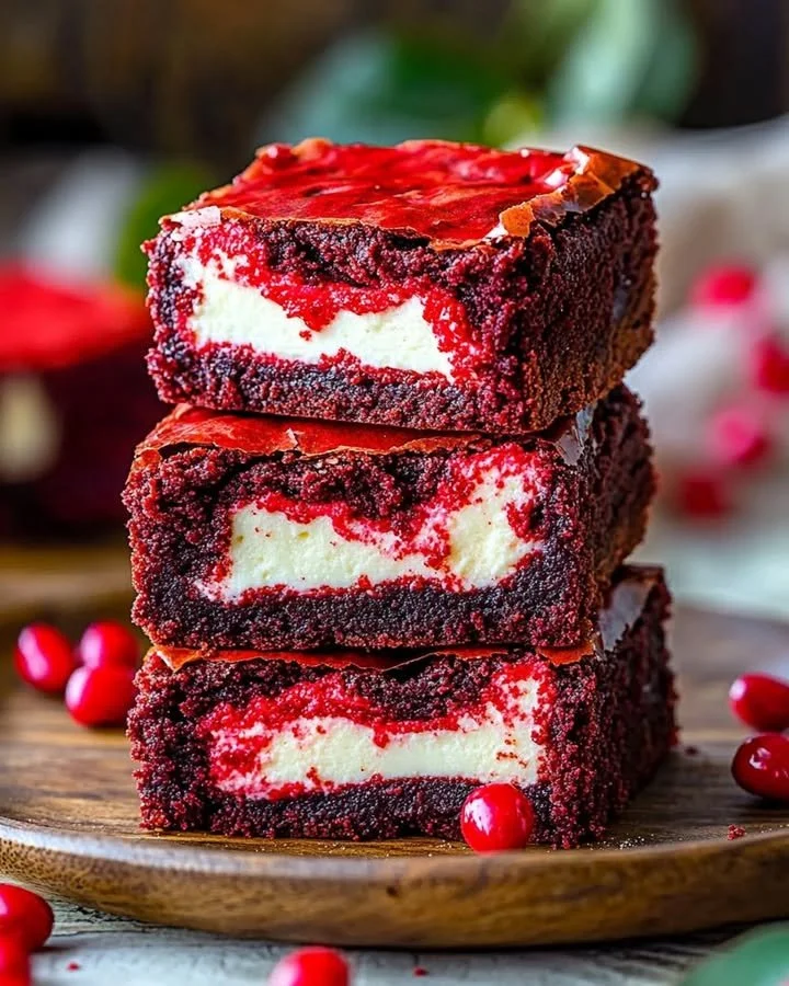 Red velvet cream cheese brownies topped with creamy frosting