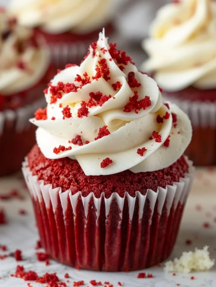 Delicious Red Velvet Cupcakes with cream cheese frosting on a white plate