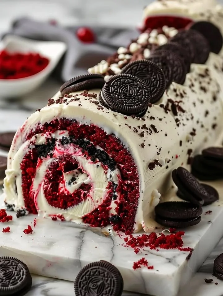 A delicious Red Velvet Oreo Cake Roll showcasing rich layers and creamy filling.