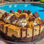 Delicious Reese's Peanut Butter Cheesecake topped with chocolate and peanut butter layers.