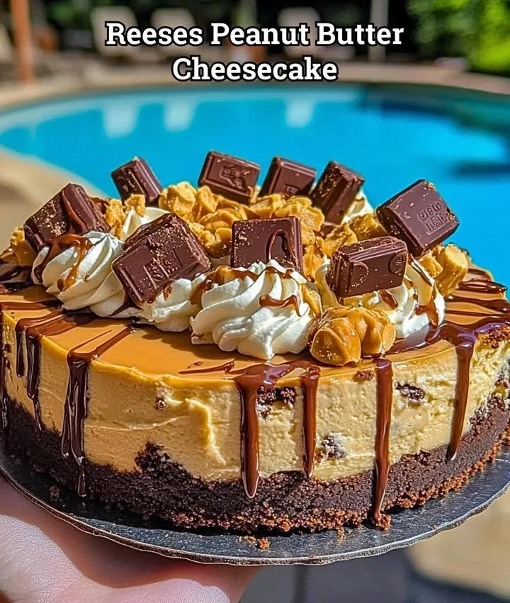 Delicious Reese's Peanut Butter Cheesecake topped with chocolate and peanut butter layers.