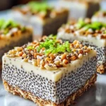 Zesty coconut lime flavored no-bake chia pudding bars on a serving plate