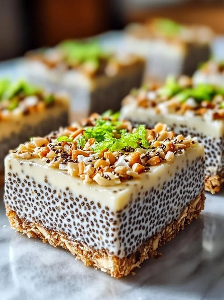 Zesty coconut lime flavored no-bake chia pudding bars on a serving plate