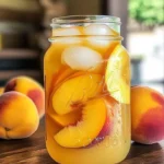 Glass of refreshing peach lemonade with slices of peach and lemon