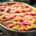 Slice of rhubarb cake topped with creamy butter sauce