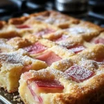Homemade Rhubarb Custard Bars with a creamy topping and rhubarb filling