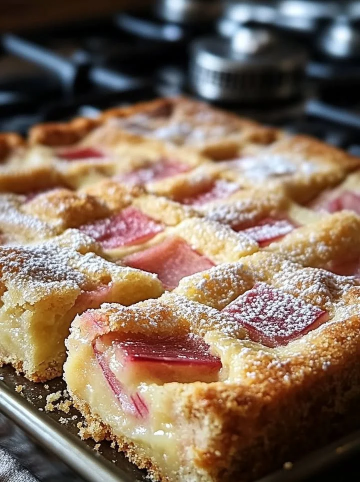 Homemade Rhubarb Custard Bars with a creamy topping and rhubarb filling