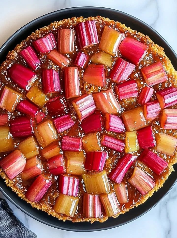 Delicious Rhubarb Upside-Down Cake topped with fresh rhubarb slices