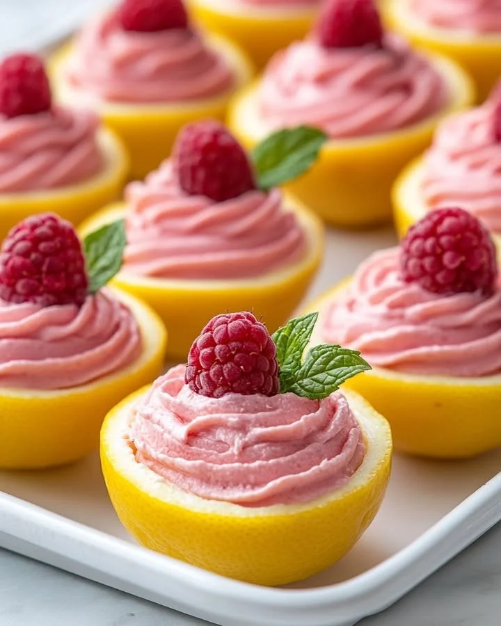 Ricotta raspberry mousse filled in hollowed lemons for a delicious dessert.