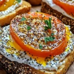 Ricotta Tomato Toast on sourdough bread topped with fresh tomatoes and herbs.