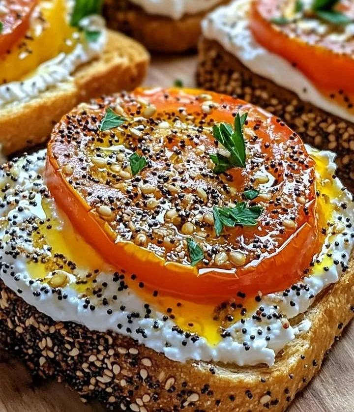 Ricotta Tomato Toast on sourdough bread topped with fresh tomatoes and herbs.