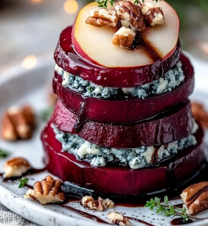 Roasted Beet & Blue Cheese Towers plated elegantly for a gourmet experience