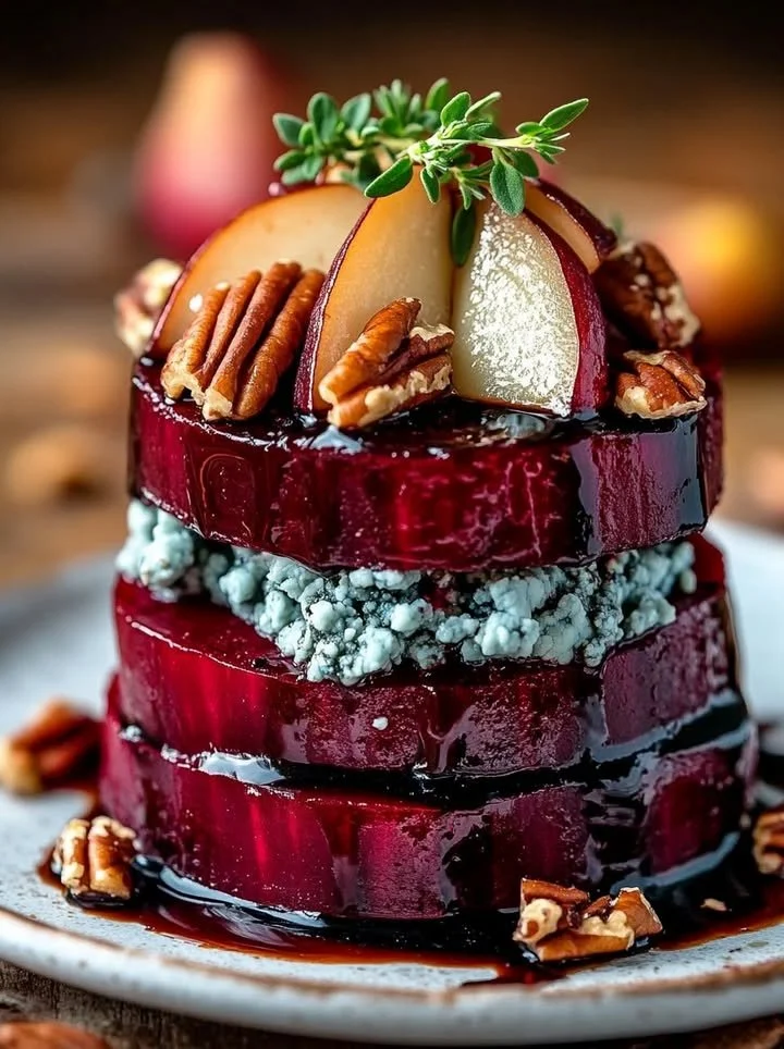 A beautifully plated roasted beet and blue cheese tower appetizer.