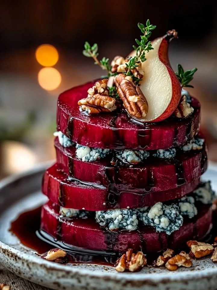 Elegant roasted beet and blue cheese towers served as a gourmet appetizer.