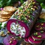 Roasted beet and goat cheese log served on a platter with herbs