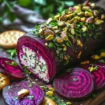 Roasted beet and goat cheese log served on a platter with herbs and nuts.
