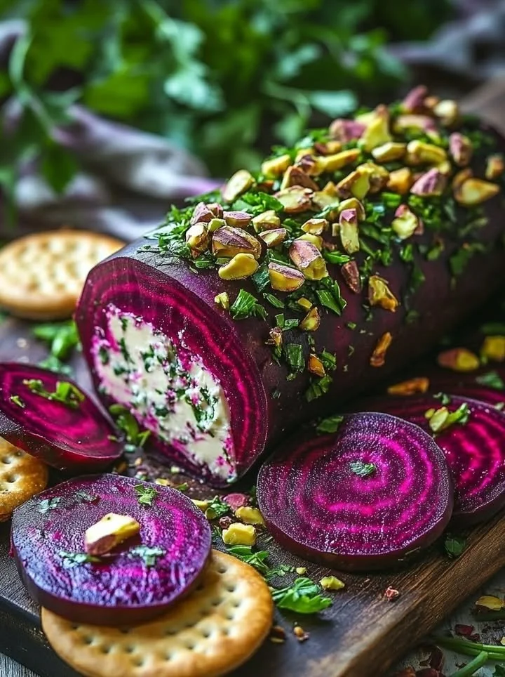 Roasted beet and goat cheese log served on a platter with herbs and nuts.