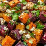 Roasted beets and sweet potatoes garnished with feta and cilantro on a plate