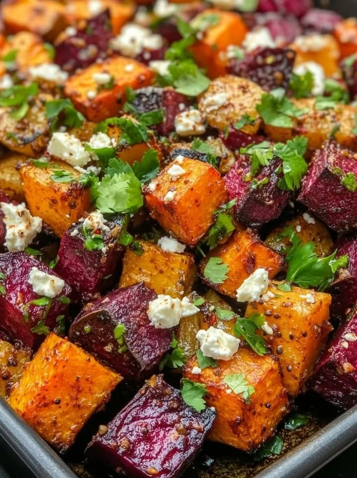 Roasted beets and sweet potatoes garnished with feta and cilantro on a plate