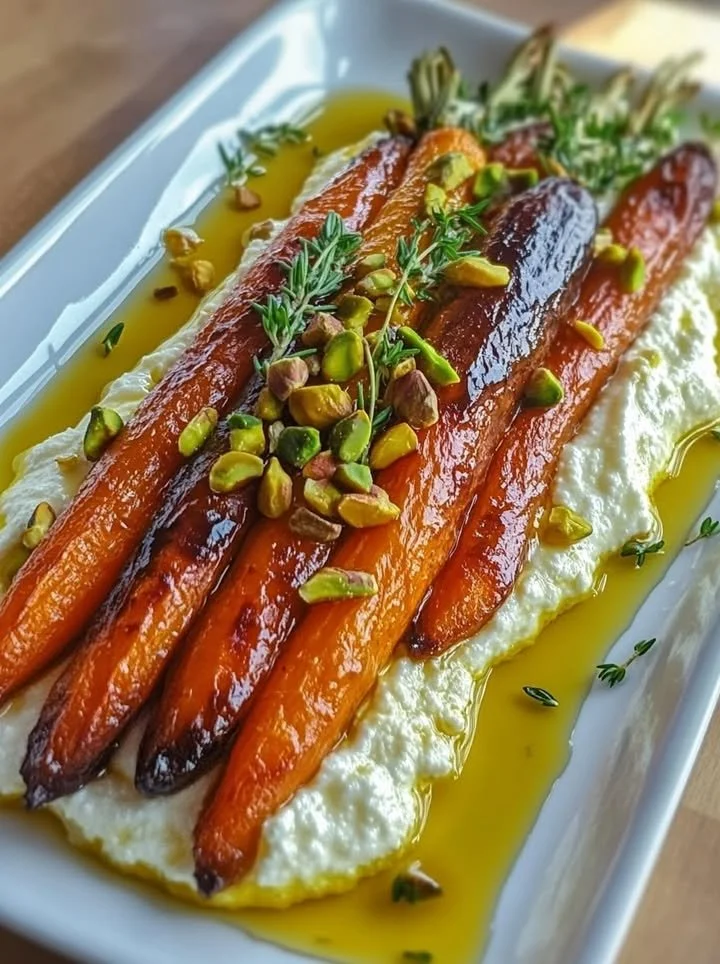 Roasted carrots served with whipped ricotta and hot honey drizzle