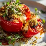 Roasted Pepper Burrata Bombs topped with Pistachio-Chili Crumble on a wooden board