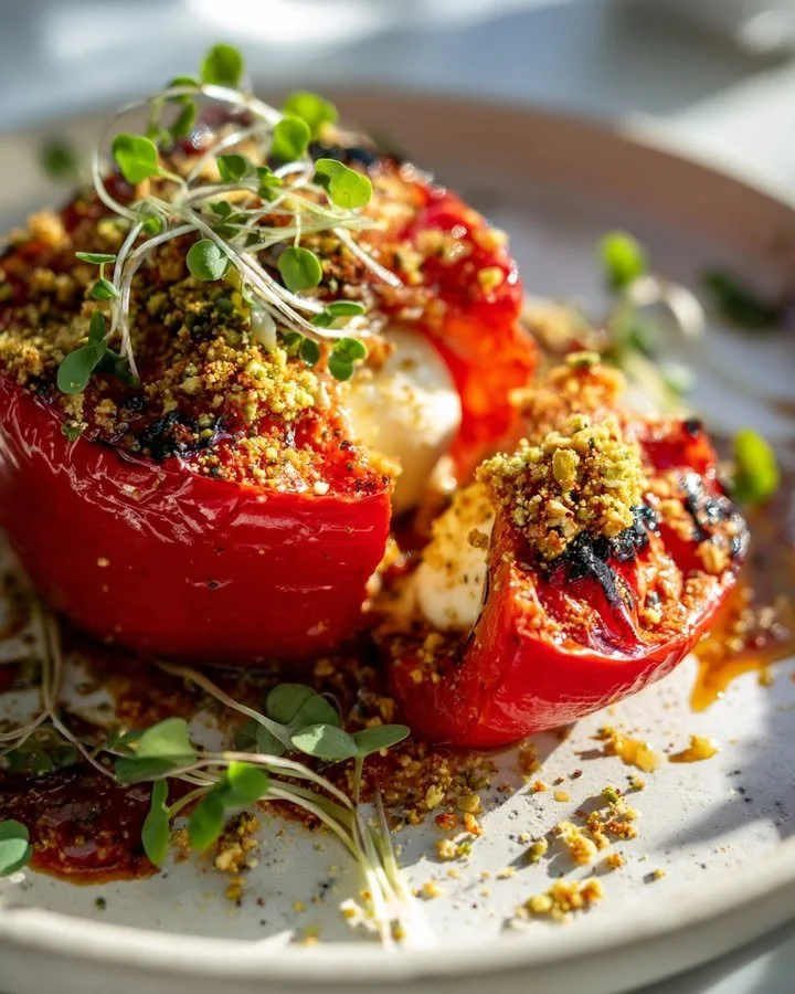 Roasted Pepper Burrata Bombs topped with Pistachio-Chili Crumble on a wooden board