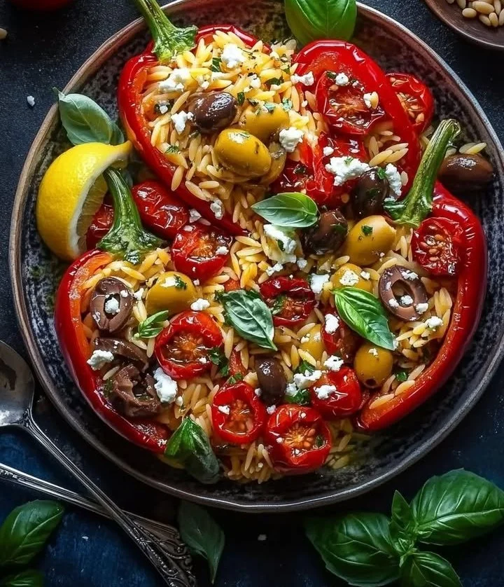 Roasted red bell peppers filled with orzo and topped with lemon-basil sauce.