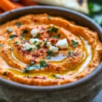Creamy roasted red pepper feta dip served in a bowl with fresh herbs