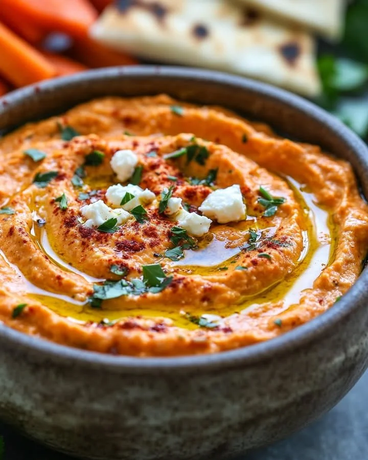 Creamy roasted red pepper feta dip served in a bowl with fresh herbs