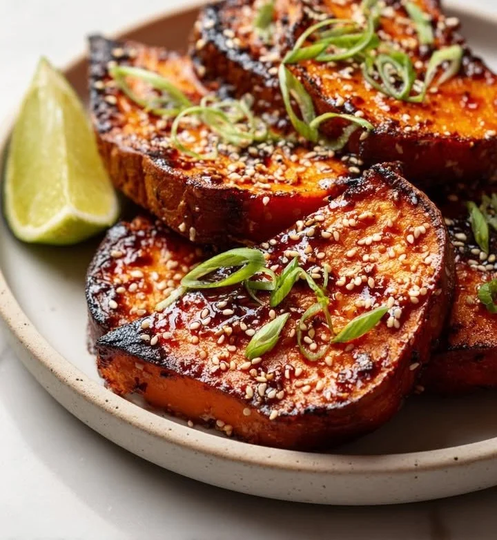 Roasted sweet potato steaks with gochujang-maple glaze on a plate