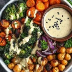 Roasted veggie and chickpea bowl drizzled with maple dijon tahini dressing