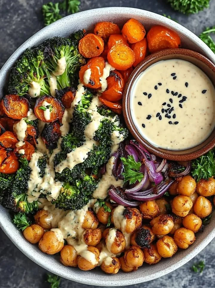Roasted veggie and chickpea bowl drizzled with maple dijon tahini dressing