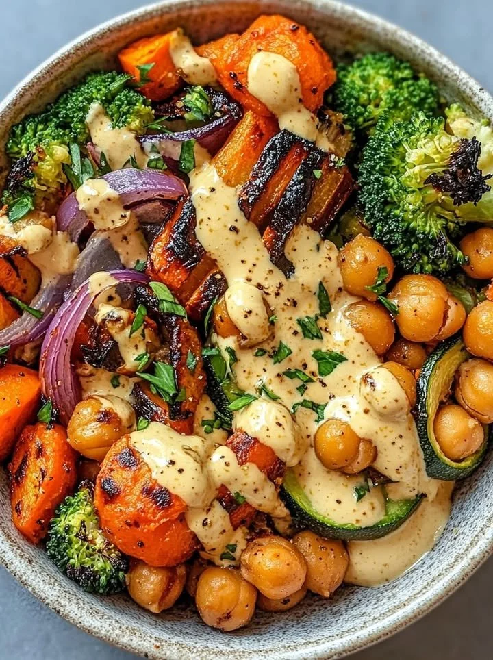 Roasted Veggie Chickpea Bowls with Maple Dijon Tahini Dressing