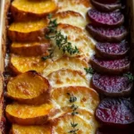 Delicious root vegetable gratin featuring sweet potatoes, parsnips, and beets.