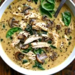 Bowl of rotisserie chicken mushroom soup with fresh spinach and herbs