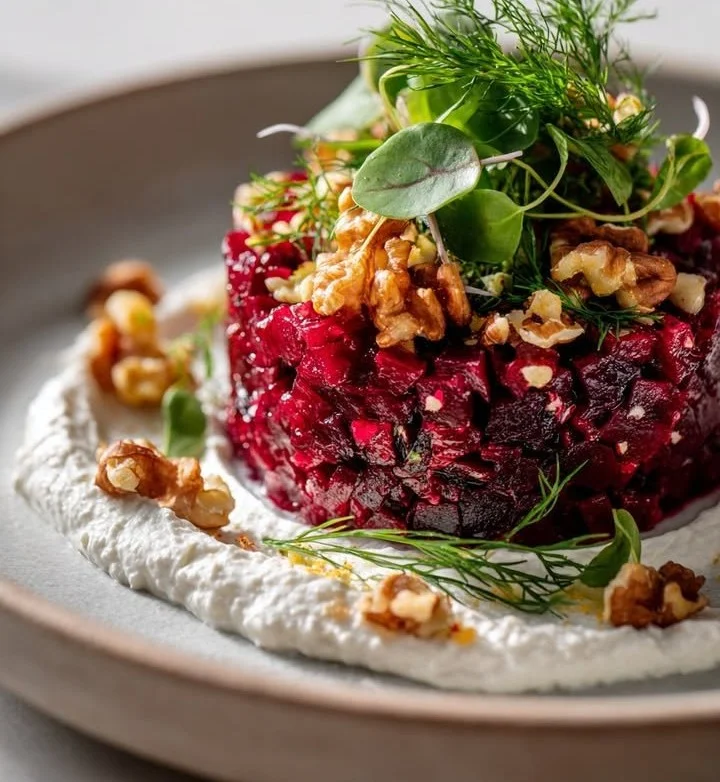 Ruby Beetroot Tartare with whipped goat cheese and walnut-dill crunch served on a plate